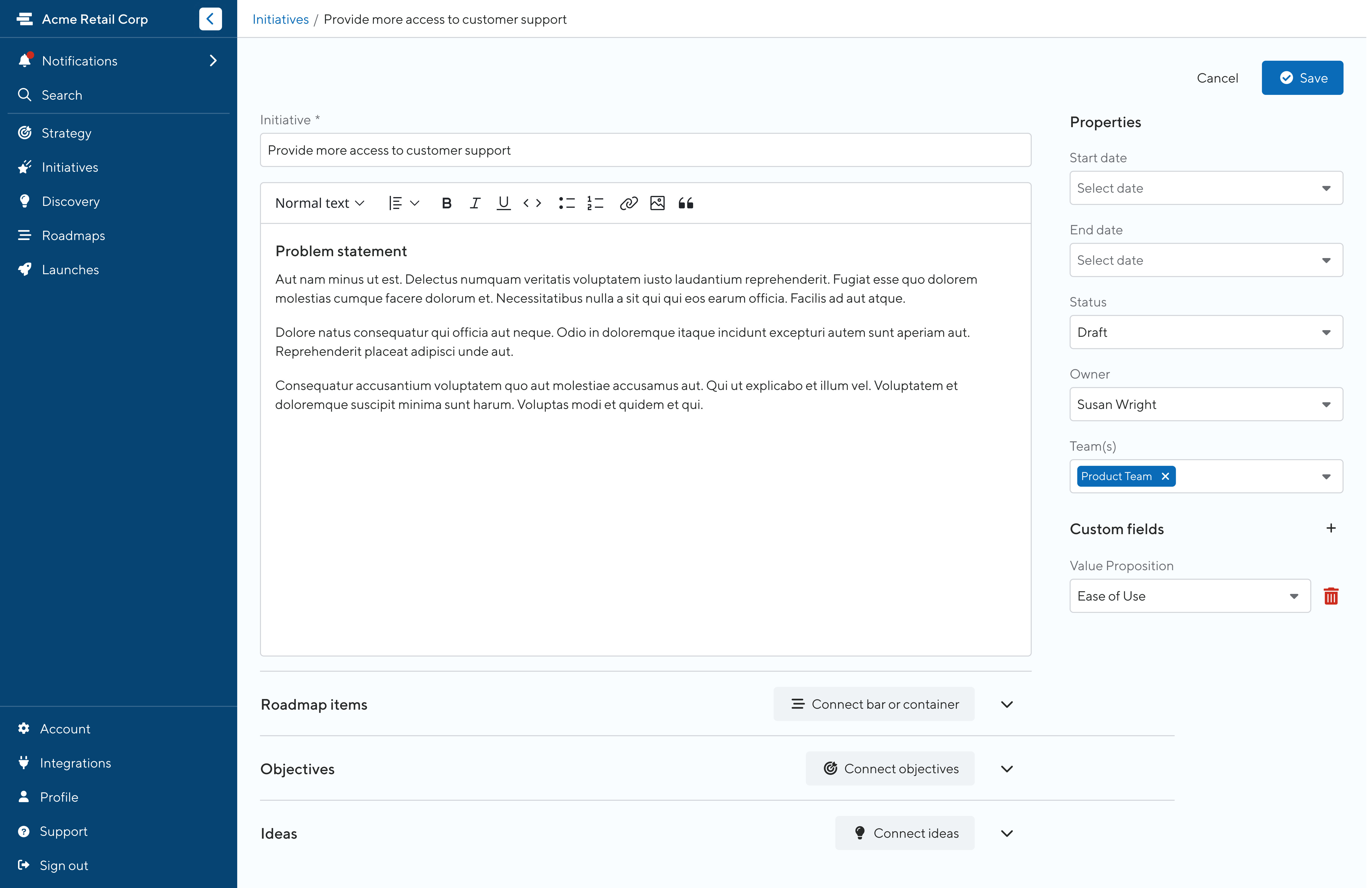 Editing an Initiative with Rich Text and Robust Data Fields