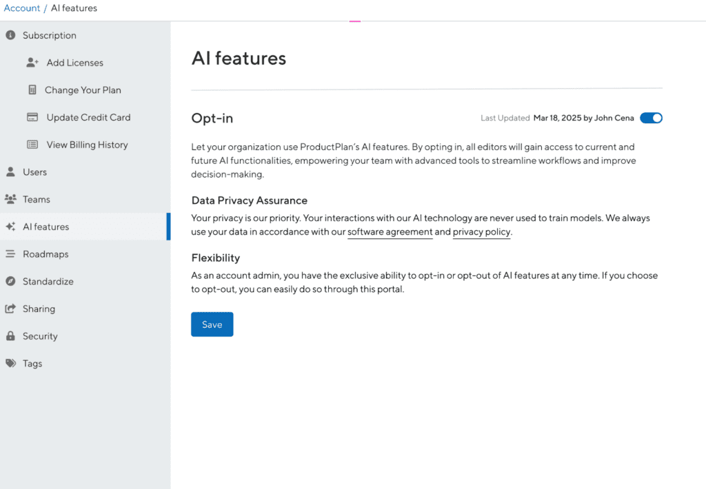 Screenshot of ProductPlan AI Opt-In Page